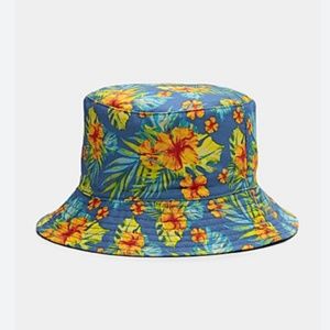 Blue and orange unisex 100% cotton reversible hibiscus bucket hat NWT